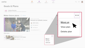 Student account in Xello on the Goals & Plans page. There are two plans. The cursor has clicked the three-dot menu on one and is selecting Move up.
